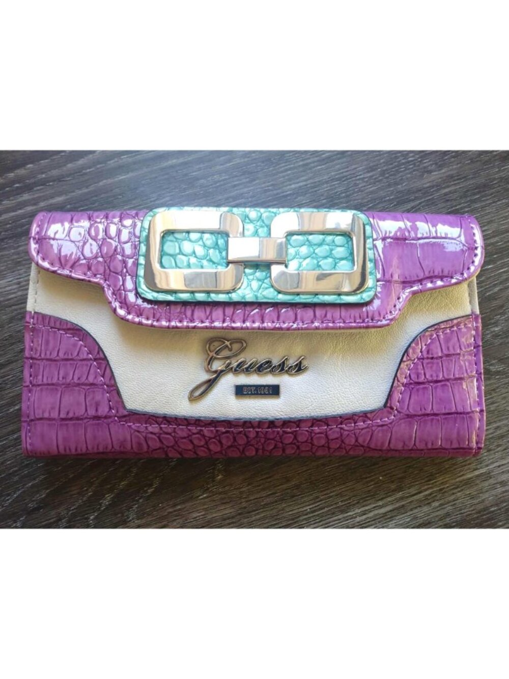 NWT Guess Mikelle SLG Teal & Violet Alligator Print Wallet-Rare Y2K Style